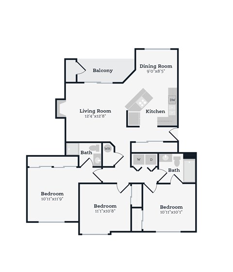 A floor plan of a house with a living room, dining room, kitchen, and four bedrooms.